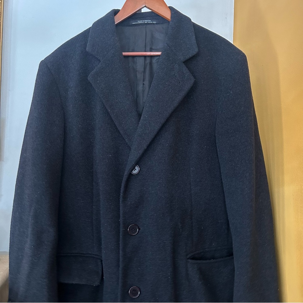 Vintage Filene's The Men's Store Wool Overcoat Long Coat Black Made In Croatia - Picture 2 of 8
